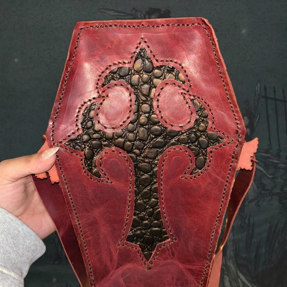 Leather Coffin Cross Long Strap Shoulder Bag